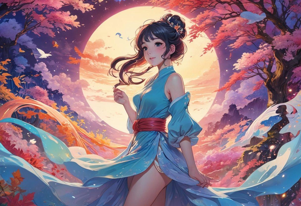 A vibrant and whimsical illustration showcasing a diverse array of anime characters in various sensual poses, set against a dreamy background filled with swirling colors and fantastical elements. Include intricate details in the character designs, highlighting expressive emotions and playful gestures. Incorporate soft lighting to create an enchanting atmosphere that invites the viewer into the world of animated fantasies. anime art style. vibrant colors. whimsical aesthetic.