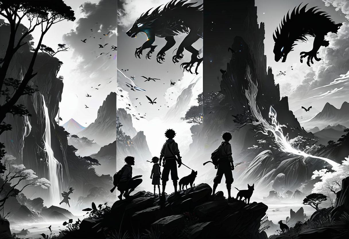 A dynamic scene showcasing the transition from traditional manga art to animated motion, featuring a vibrant split-screen design: one side depicts classic black and white manga characters in action poses, while the other illustrates the same characters in vivid colors, animated and lively. Include elements of fantasy, such as ethereal landscapes and surreal creatures, blending the two worlds seamlessly. The overall tone should be engaging, exciting, and reflective of an evolution in adult animation. vibrant colors. super-realistic. digital art.