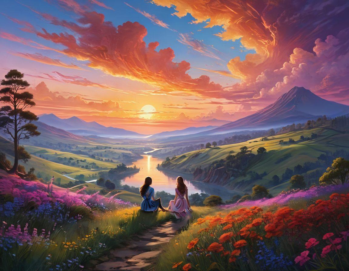 A breathtaking landscape depicting a serene sunset over a lush valley with rolling hills and vibrant flowers, subtly intertwined with sensual silhouettes of characters in erotic poses enjoying nature. Ethereal wisps of clouds swirl with soft pastel colors, while glimmers of sparkling water flow through the scene, adding a touch of mystique. The overall mood should blend beauty and allure, enticing the viewer into a world of fantasy and sensuality. vibrant colors. super-realistic. dreamy atmosphere.